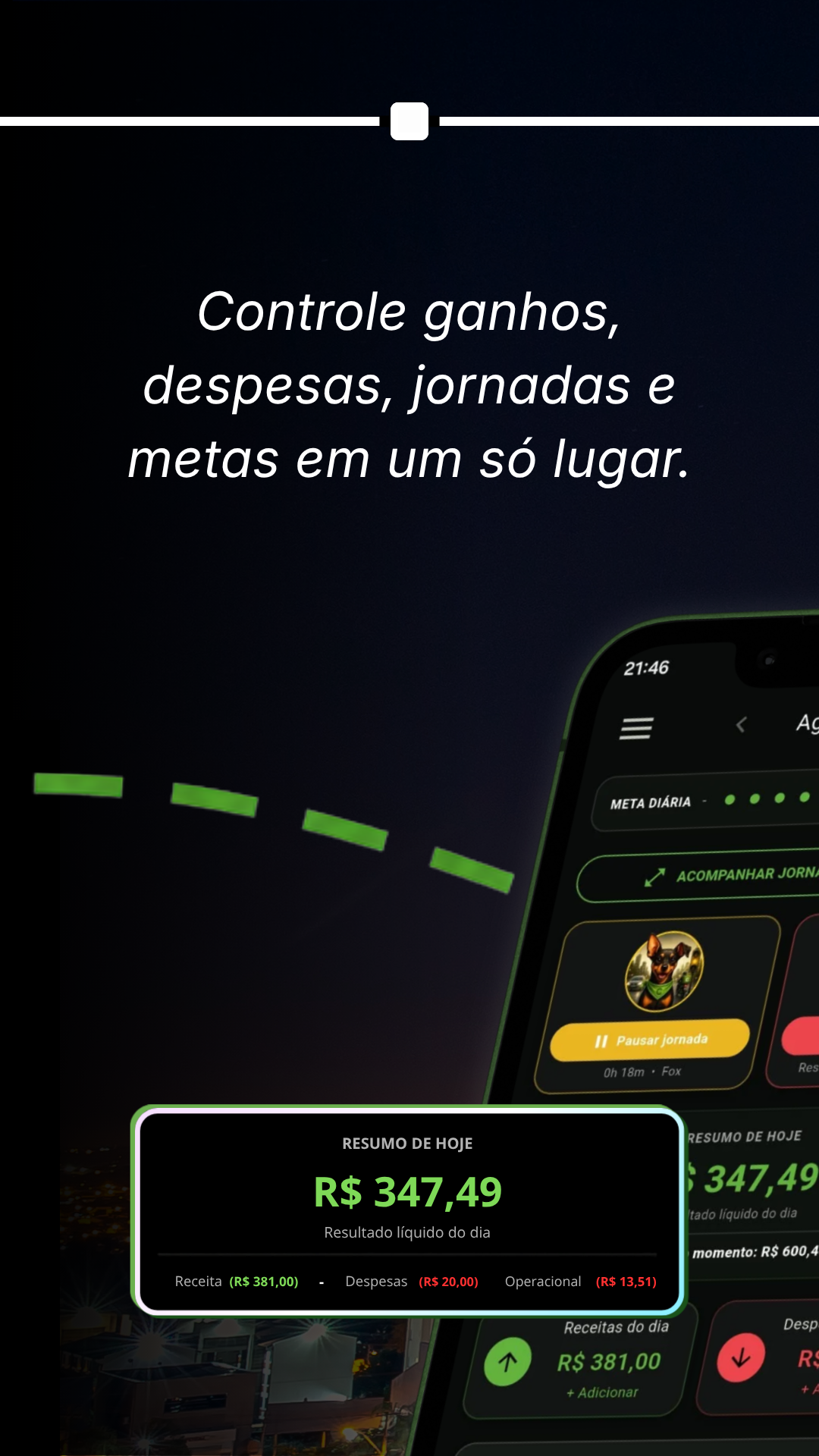 Controle ganhos, despesas, jornadas e metas
